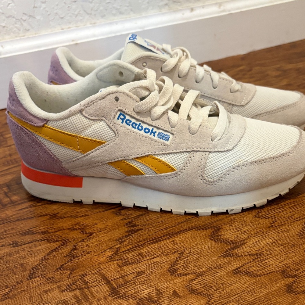 Reebok Cream and Yellow Retro Runner Sneakers with Lavender Heel